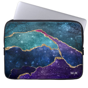 Blue Purple Aqua Gold Veins Agate Monogram Laptop Sleeve