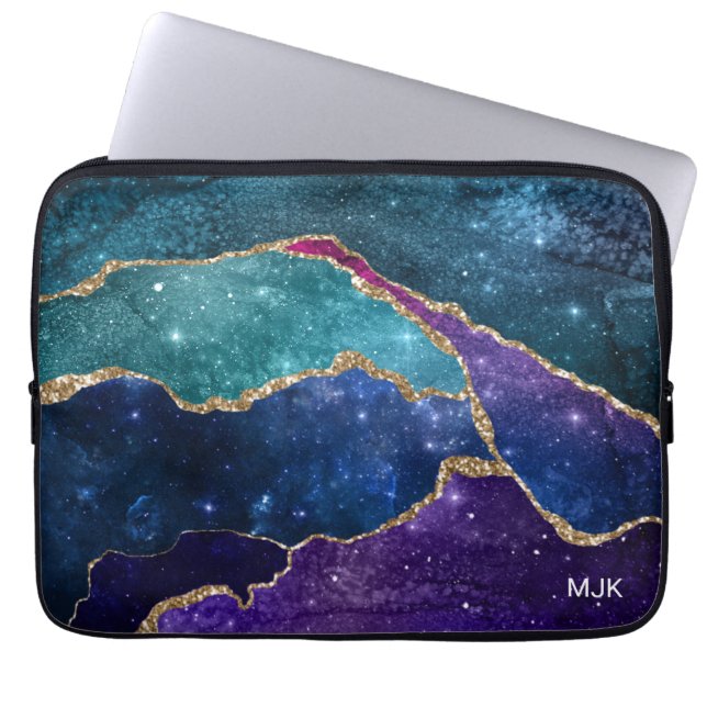 Blue Purple Aqua Gold Veins Agate Monogram Laptop Sleeve (Front)