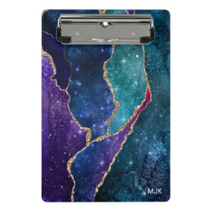Blue Purple Aqua Gold Veins Agate Monogram Mini Clipboard