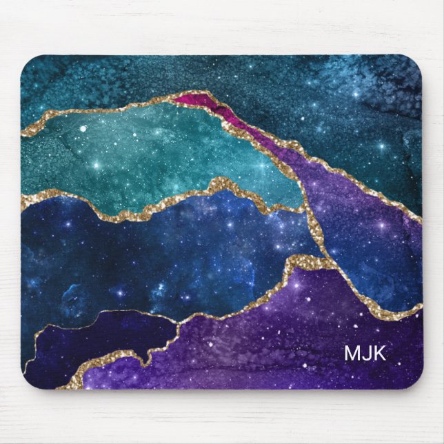 Blue Purple Aqua Gold Veins Agate Monogram Mouse Pad (Front)