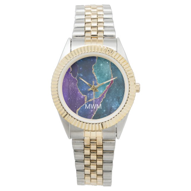 Blue Purple Aqua Gold Veins Agate Monogram Watch (Front)
