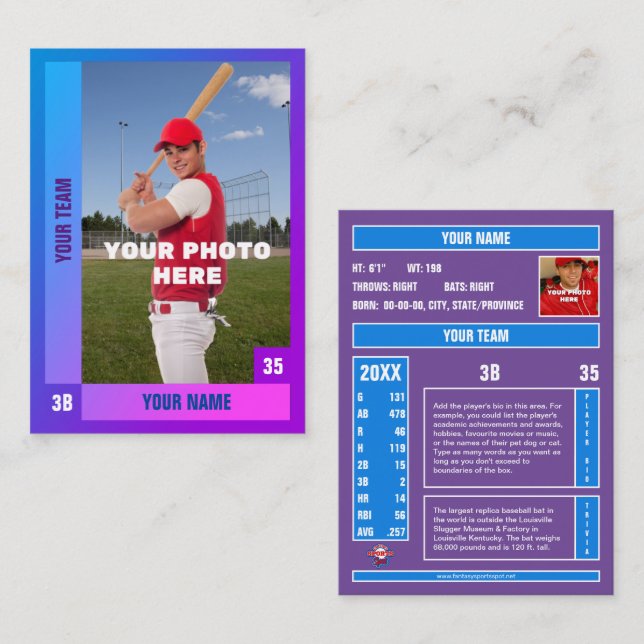Blue/Purple Baseball Trading Card - Custom Stats (Front/Back)