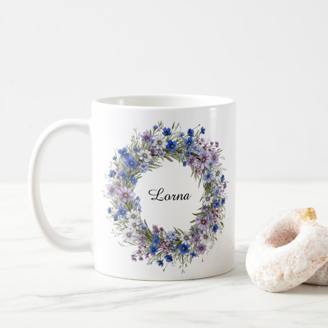 Blue & Purple Beautiful Wildflowers Wreath Custom Coffee Mug (With Donut)