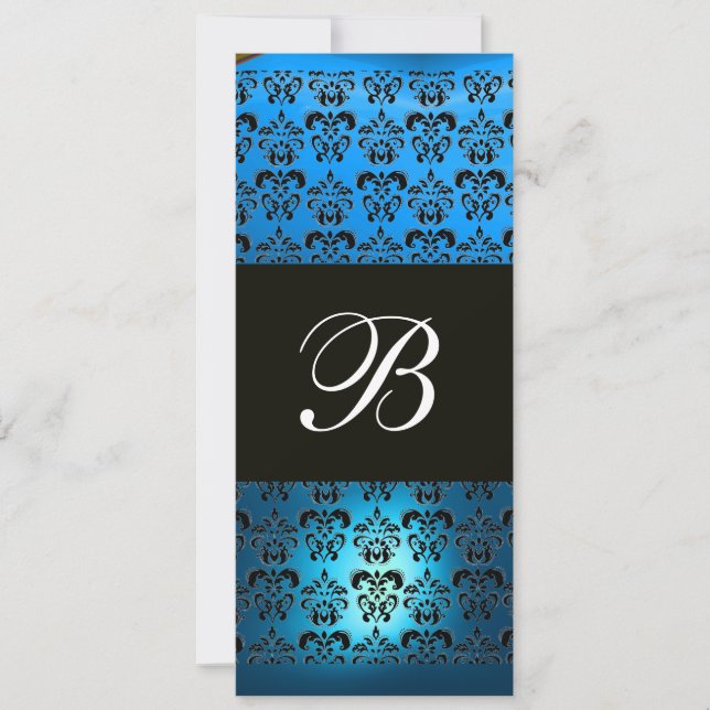BLUE PURPLE BLACK  DAMASK MONOGRAM ,white Invitation (Front)