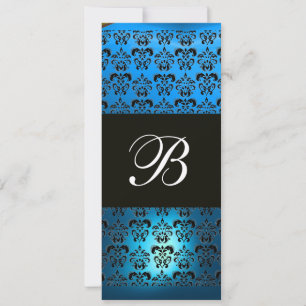 BLUE PURPLE BLACK DAMASK MONOGRAM ,white Invitation