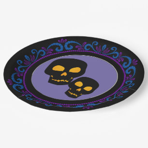 Blue Purple Black Skulls Halloween Paper Plate