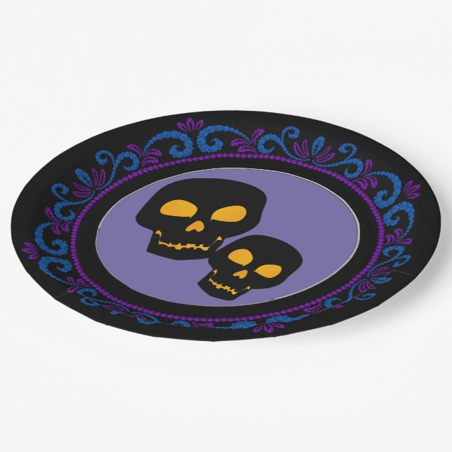 Blue Purple Black Skulls Halloween Paper Plate (Angled)