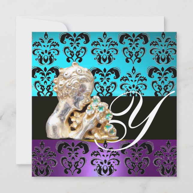 BLUE, PURPLE ,BLACK, WHITE DAMASK JEWEL MONOGRAM INVITATION (Front)