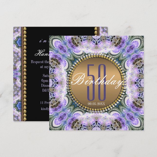 Blue Purple Bohemian 50th Birthday Invitation (Front/Back)