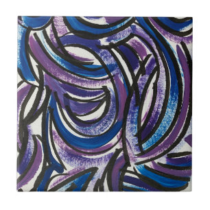 Blue Purple Brushstrokes-Hand Painted Abstract Ceramic Tile