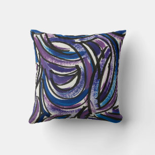 Blue Purple Brushstrokes-Hand Painted Abstract Cushion
