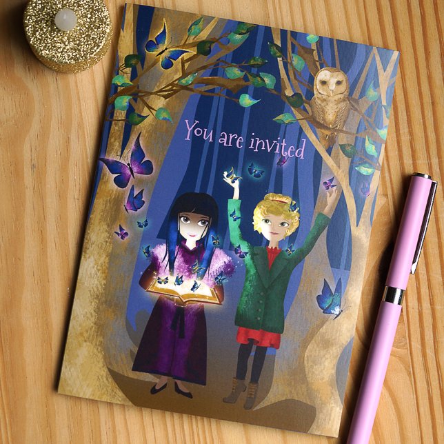 Blue, Purple Butterflies, Owls, Enchanted Forest Tri-Fold Invitation (Cute purple and blue graphic novel, enchanted forest birthday party theme, owls, butterflies)