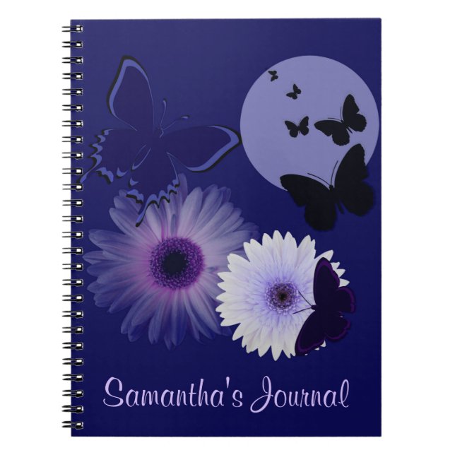 Blue Purple Butterfly and Daisy Personalised Notebook (Front)