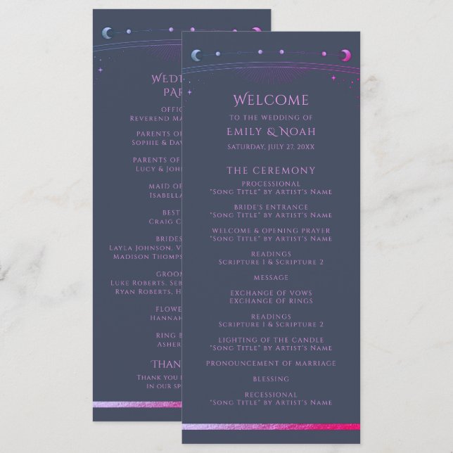 Blue Purple Celestial Sun Moon Stars Wedding Program (Front/Back)