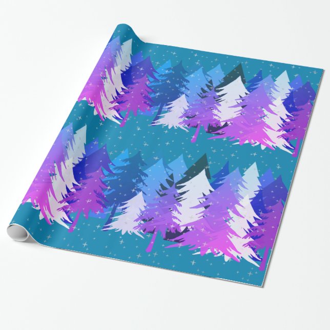 Blue Purple Christmas Trees Stars Snow Teal Blue Wrapping Paper (Unrolled)