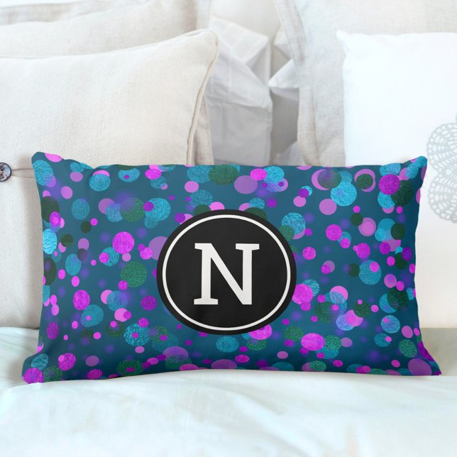 Blue purple confetti dots monogram initial teal lumbar cushion (Creator Uploaded)