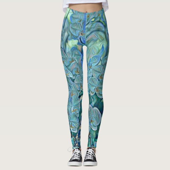 Blue purple cute orchid flowers painting  leggings (Front)