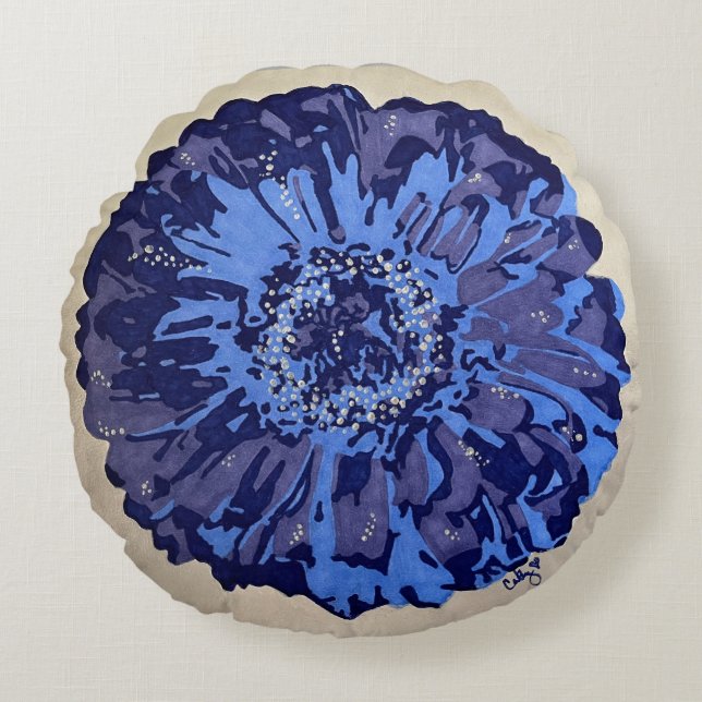 Blue & Purple Daisy (Grey) Round Pillow (Front)