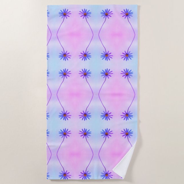 Blue Purple Daisy Pattern Beach Towel (Front)