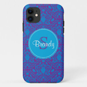 Blue & Purple damask Monogrammed iPhone 5 case