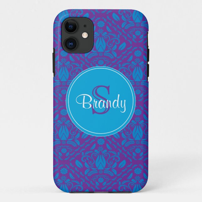 Blue & Purple damask Monogrammed iPhone 5 case (Back)