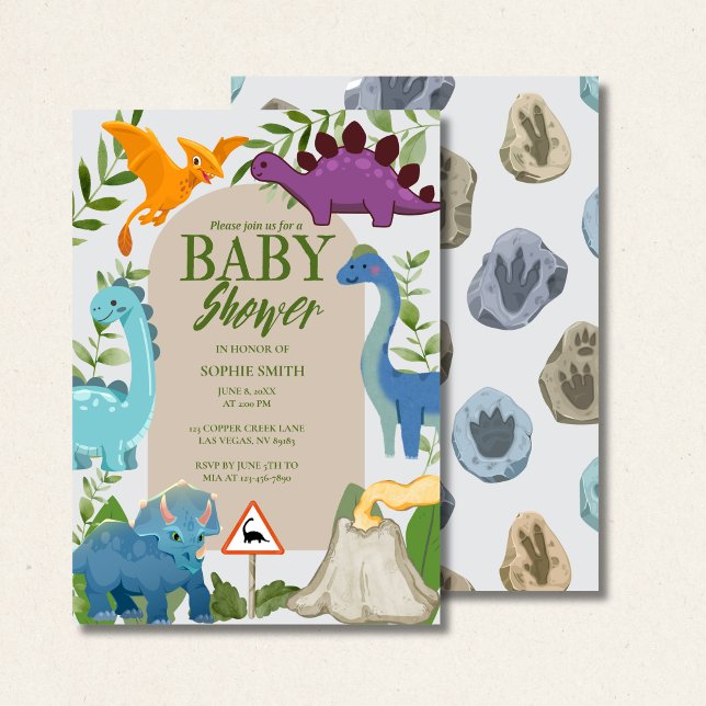 Blue, Purple Dinosaurs, Volcano T-Rex Baby Shower  Invitation (Creator Uploaded)