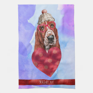 Blue Purple Dog Lover Valentine Gift Basset Hound Tea Towel