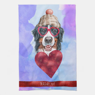 Blue Purple Dog Lover Valentine Gift Bernese Tea Towel