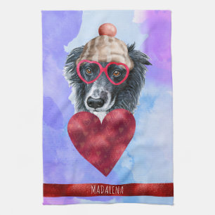 Blue Purple Dog Lover Valentine Gift Border Collie Tea Towel