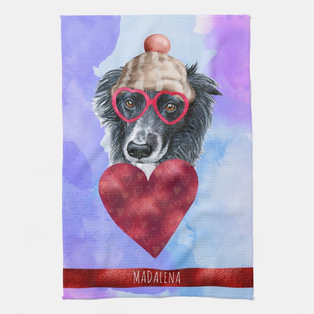 Blue Purple Dog Lover Valentine Gift Border Collie Tea Towel (Vertical)