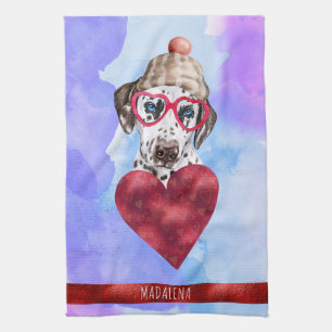 Blue Purple Dog Lover Valentine Gift Dalmatian Tea Towel