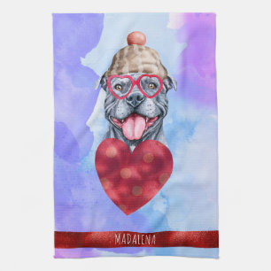 Blue Purple Dog Lover Valentine Gift Grey Pitbull Tea Towel