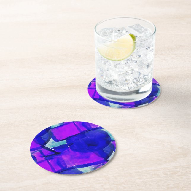 'Blue & Purple' dynamic abstract Round Paper Coaster (Insitu)
