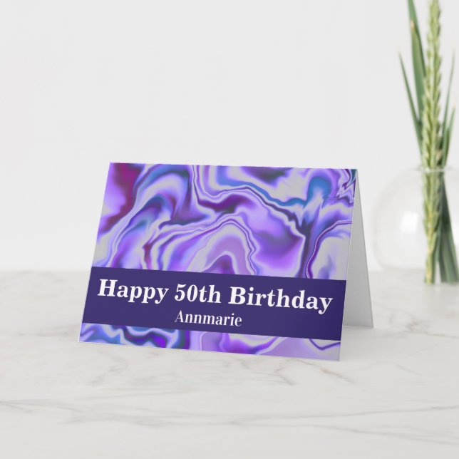 Blue & Purple Elegant Marble 50th Birthday Card (Front)