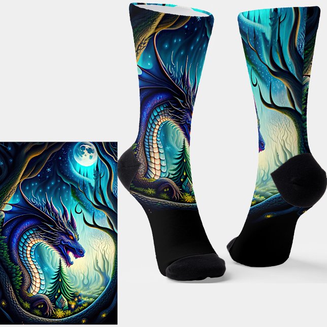 Blue Purple Fantasy Dragon on Black  Socks (Creator Uploaded)
