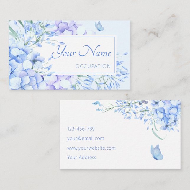 Blue purple floral bloom elegant business card (Front/Back)