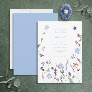 Blue Purple Floral Botanical Script Photo Wedding Invitation