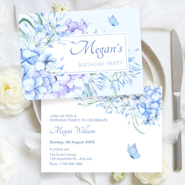 Blue purple floral elegant birthday invitation (Creator Uploaded)