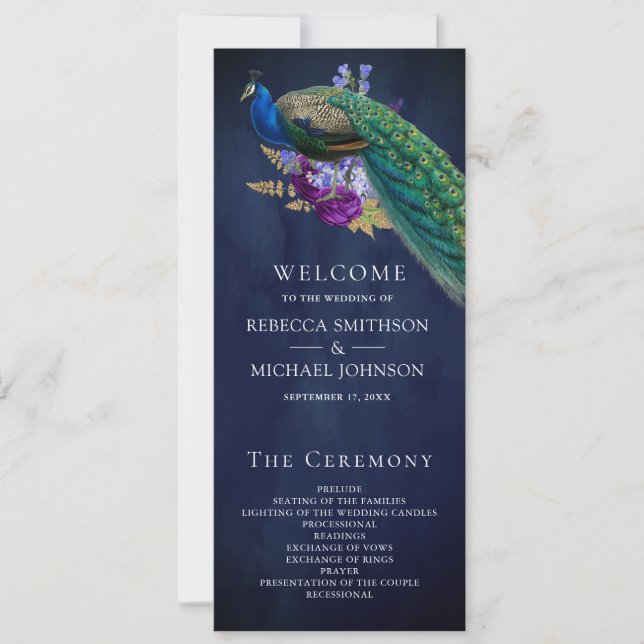 Blue Purple Floral Indian Peacock Wedding Program (Front)