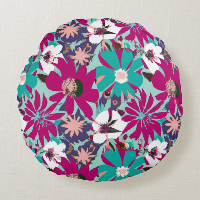 Blue & Purple Floral Pattern Round Cushion (Front)