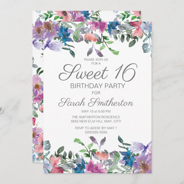 Blue Purple Floral Sweet 16 Birthday Party Invitation (Front/Back)
