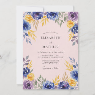 Blue Purple Floral Wedding Invitation