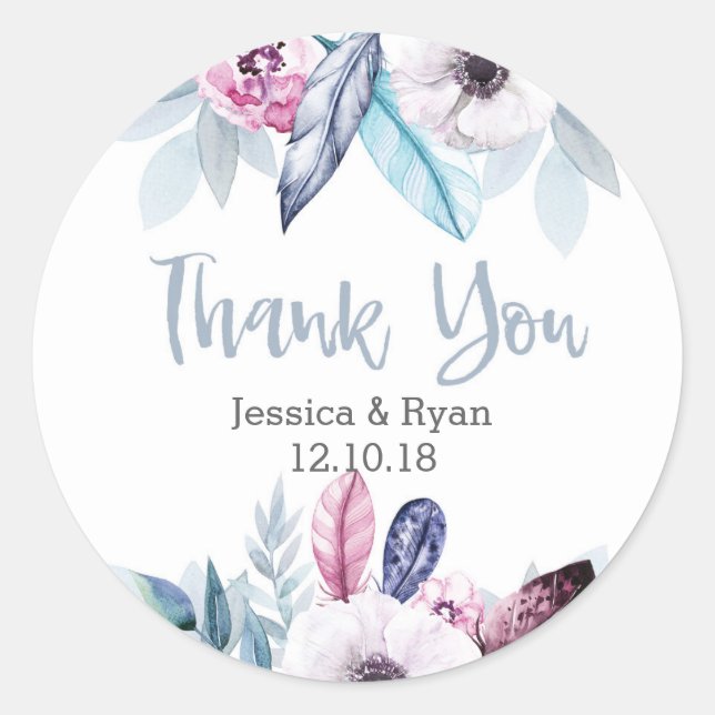 Blue Purple floral wedding Thank you stickers (Front)