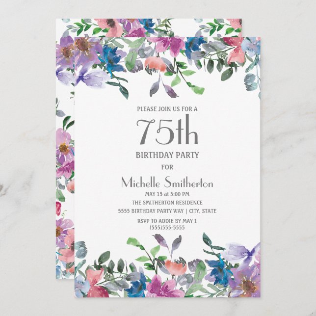 Blue Purple Floral Women's 75th Birthday Invitation (Front/Back)