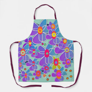 Blue Purple Flower Burst Aqua Chef Apron