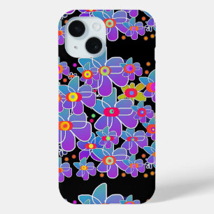 Blue Purple Flower Burst Black   iPhone 15 Case