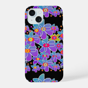 Blue Purple Flower Burst Black iPhone 15 Case