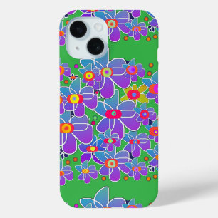 Blue Purple Flower Burst Green iPhone 15 Case