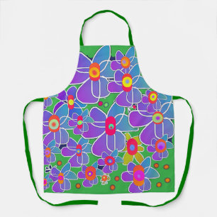 Blue Purple Flower Burst Green Chef Apron