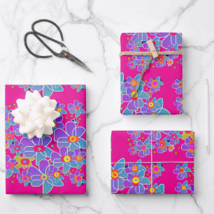 Blue Purple Flower Burst Hot Pink Gift Wrapping Paper Sheet